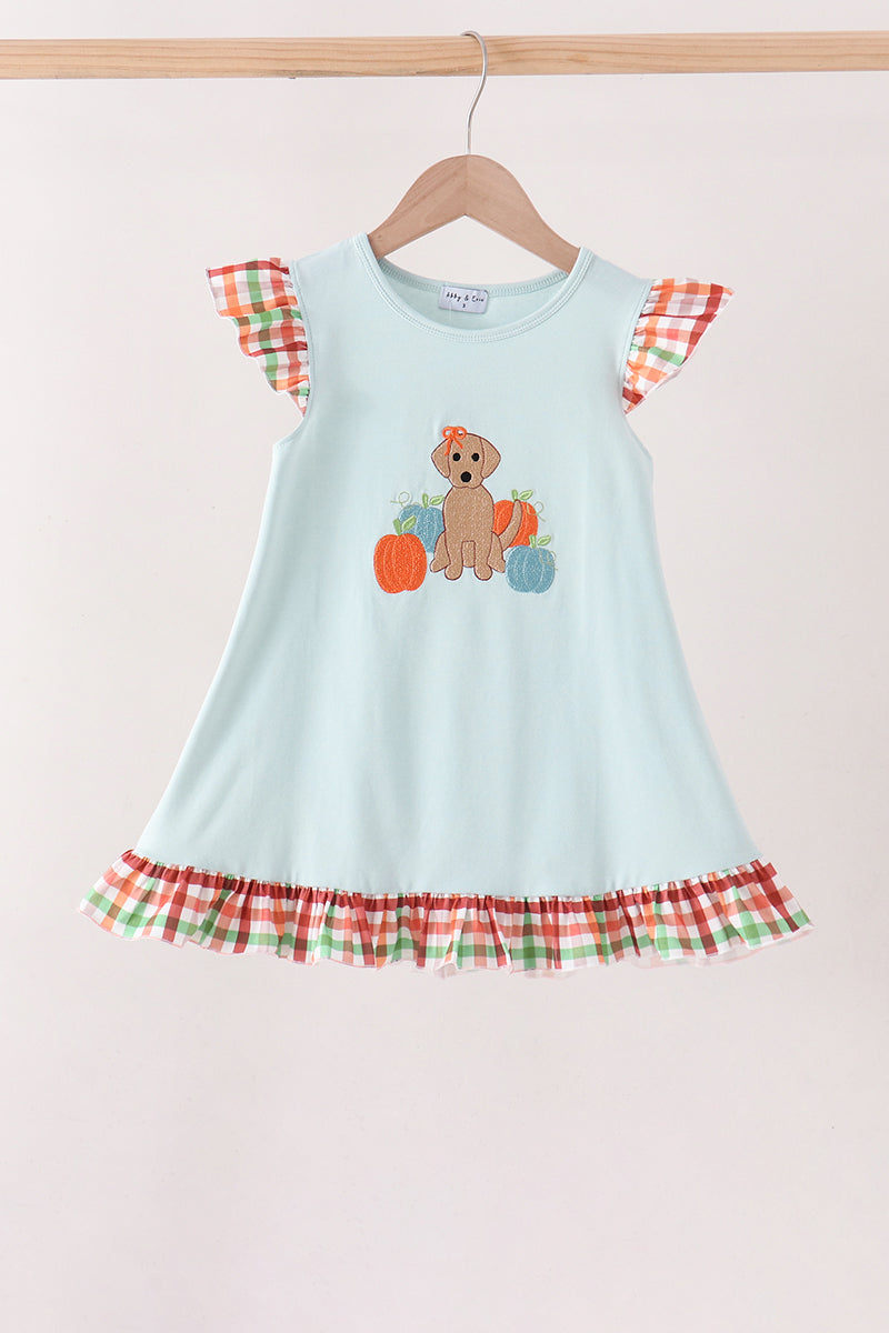 Blue Puppy Pumpkin Embroidery Gingham Ruffle Dress