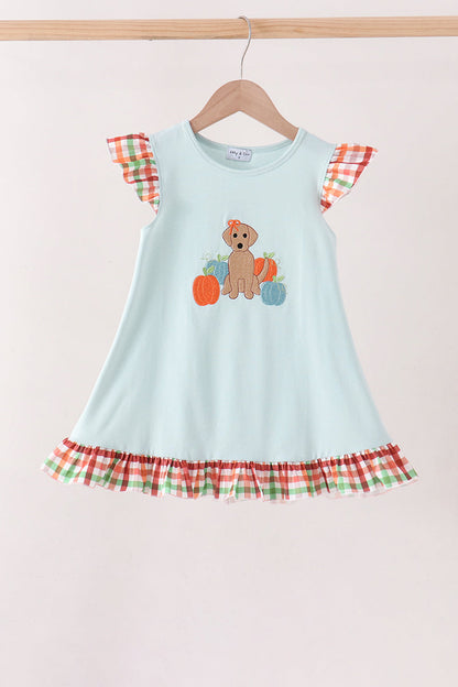 Blue Puppy Pumpkin Embroidery Gingham Ruffle Dress