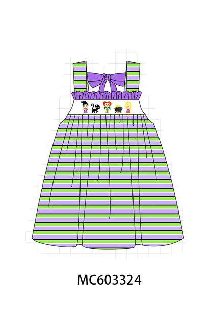 Purple witch embroidery bow stripe dress