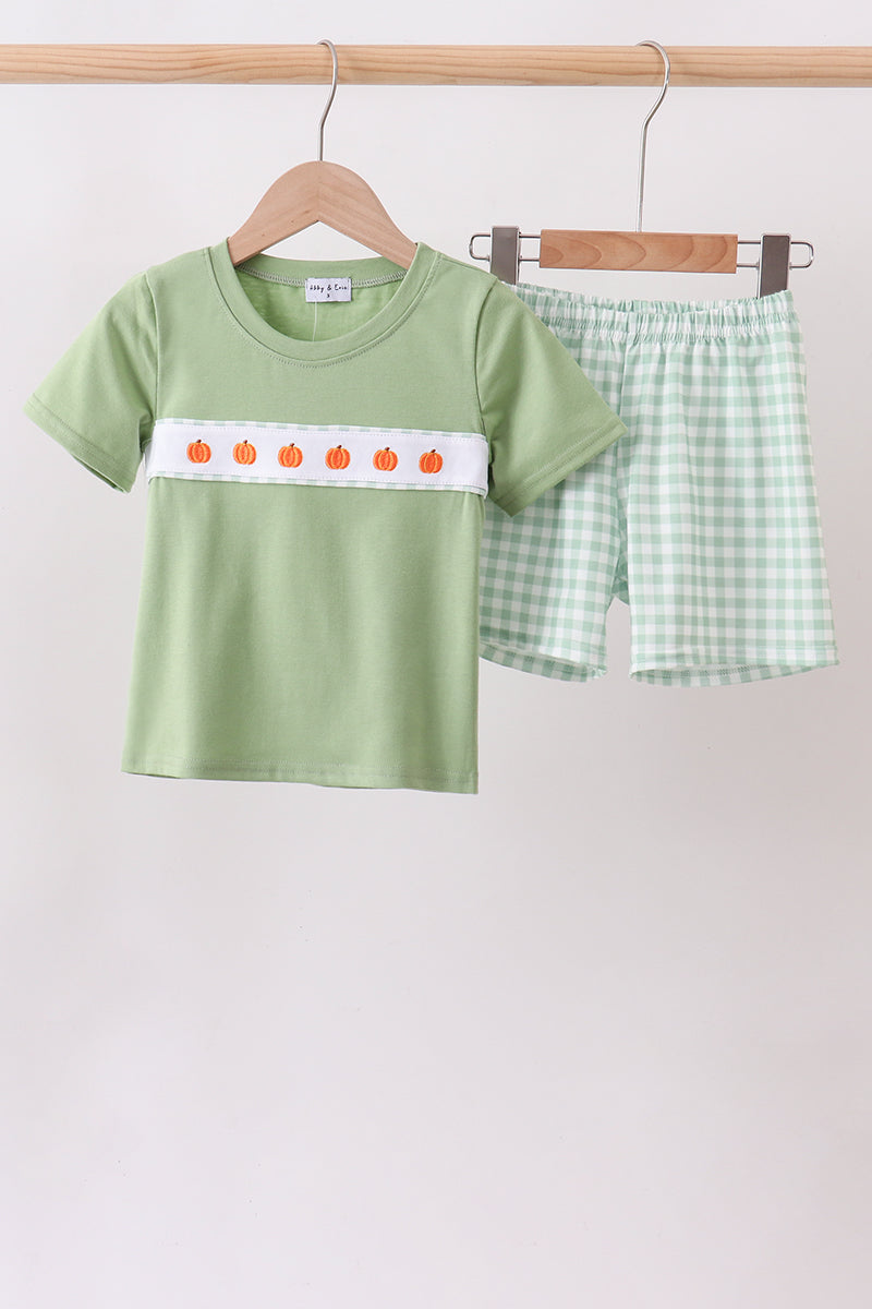 Green Pumpkin Embroidery Shorts Set