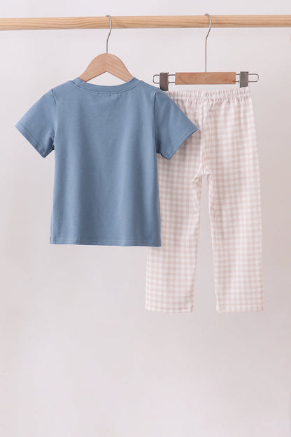 Teal Duck Embroidery Gingham Pants Set