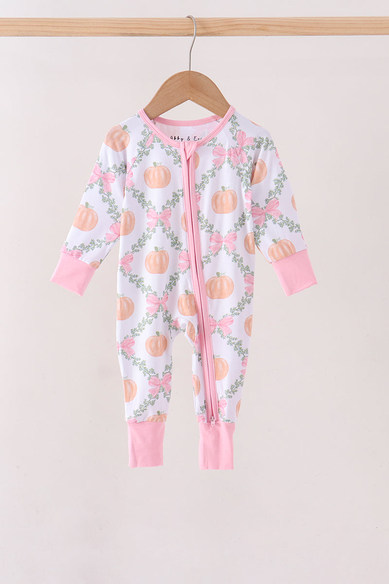 Pink Pumpkin Bow Bmaboo Zipper Romper