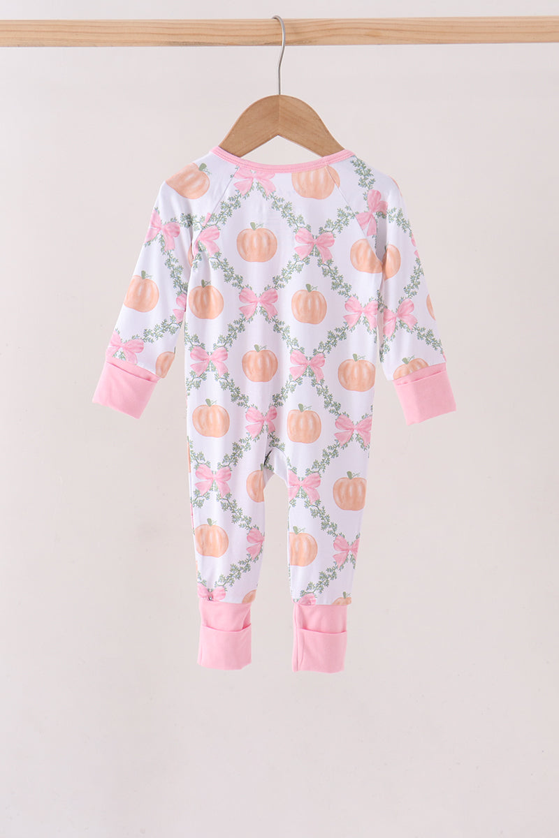 Pink Pumpkin Bow Bmaboo Zipper Romper