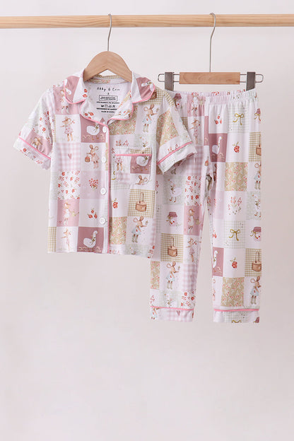 Pink Goose Bow Checkered Bamboo Pajama Set