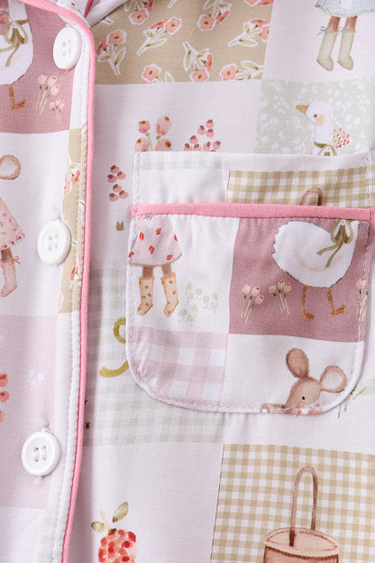 Pink Goose Bow Checkered Bamboo Pajama Set