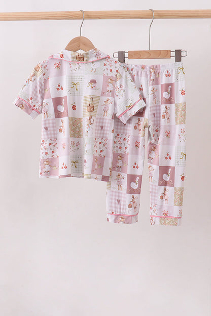 Pink Goose Bow Checkered Bamboo Pajama Set