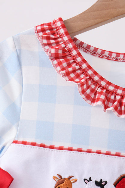 Blue Farm Embroidery Ruffle Gingham Dress