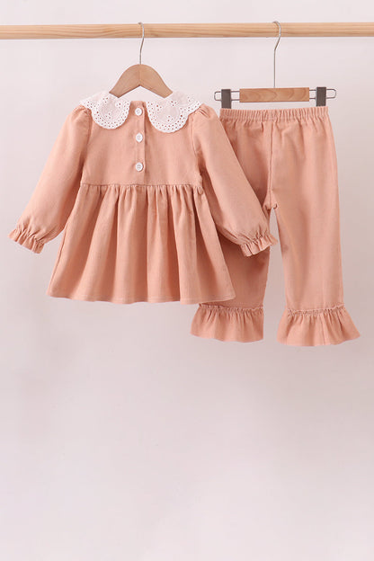Coral Corduroy Smocked Ruffle Pants Set