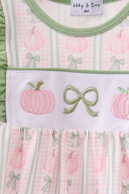 Sage Pumpkin Bow Embroidery Ruffle Bubble
