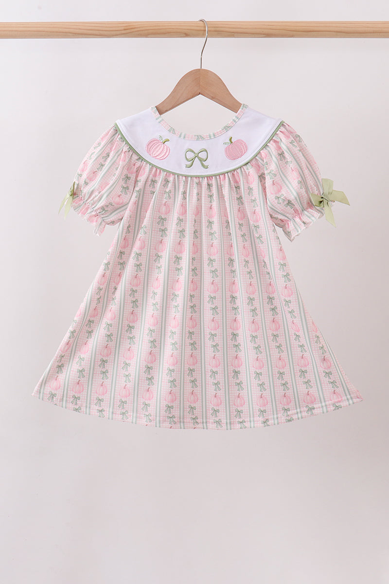 Sage Pumpkin Bow Embroidery Dress