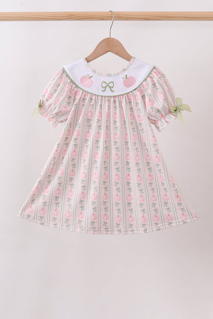 Sage Pumpkin Bow Embroidery Dress