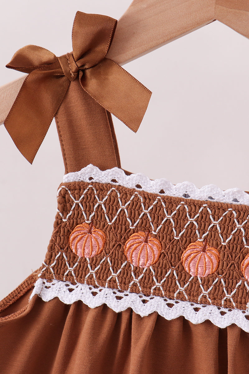 Brown Pumpkin Smocked Lace Shorts Set