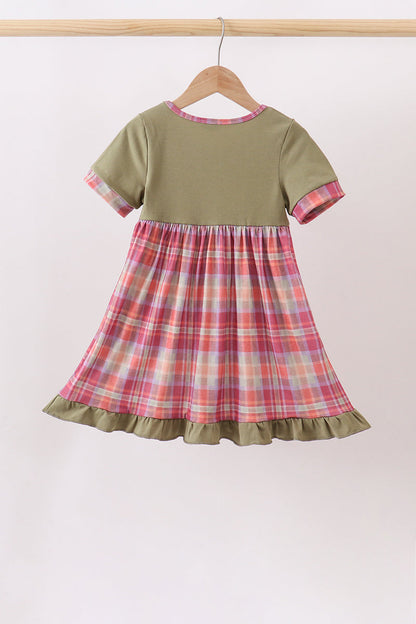 Camel Pumpkin Embroidery Plaid Dress