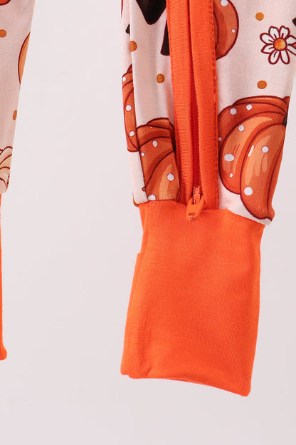 Orange Pumpkin Floral Bow Bamboo Romper