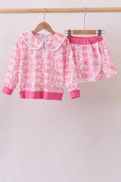 Pink Pumpkin Bow Lace Skorts Set