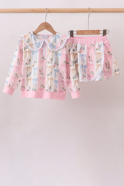 Pink Bow Floral Lace Skorts Set
