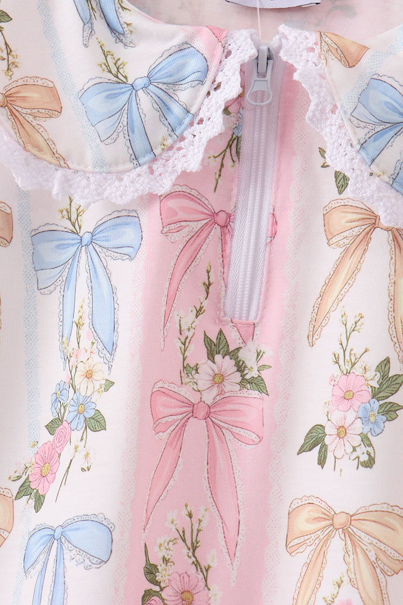 Pink Bow Floral Lace Skorts Set