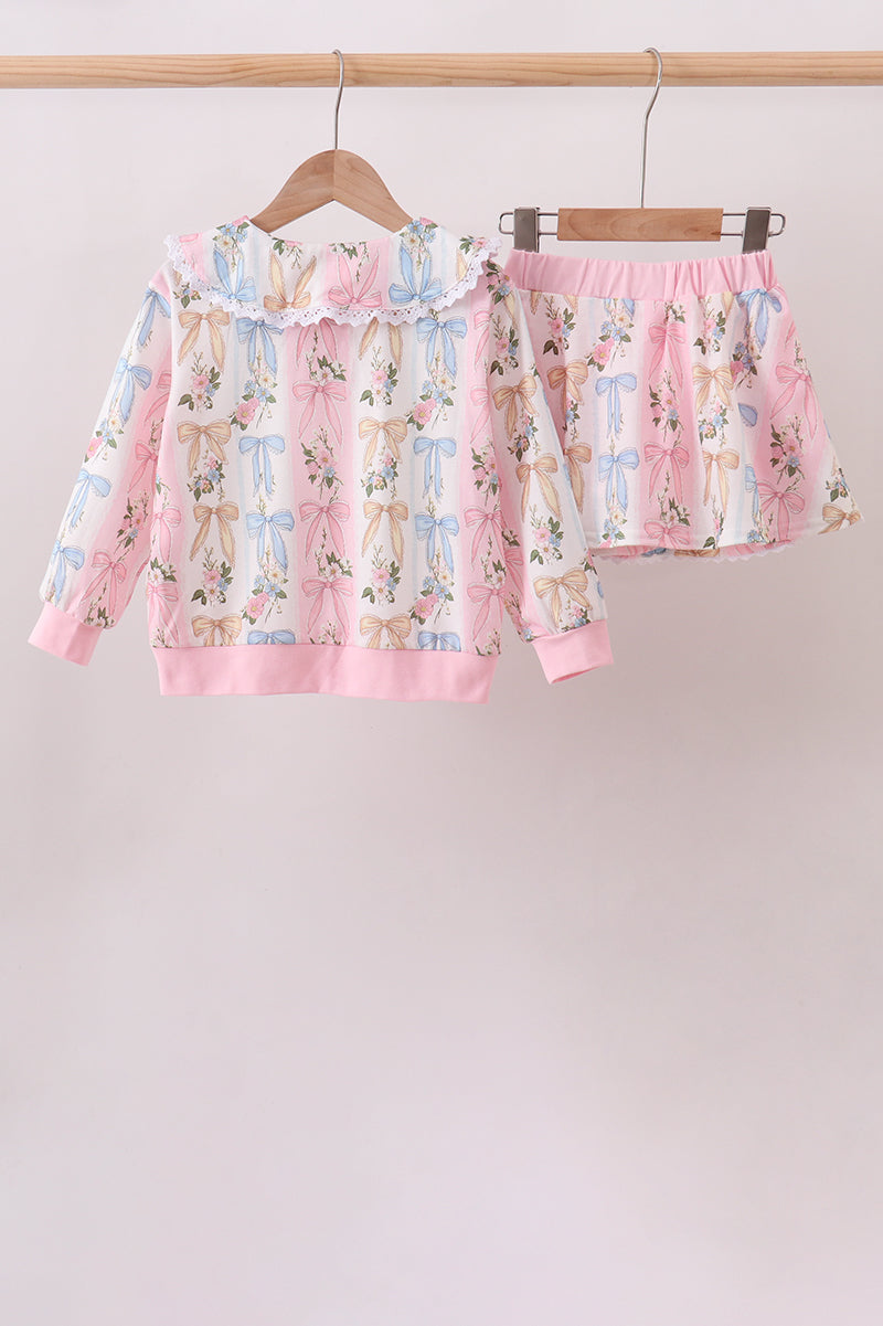 Pink Bow Floral Lace Skorts Set