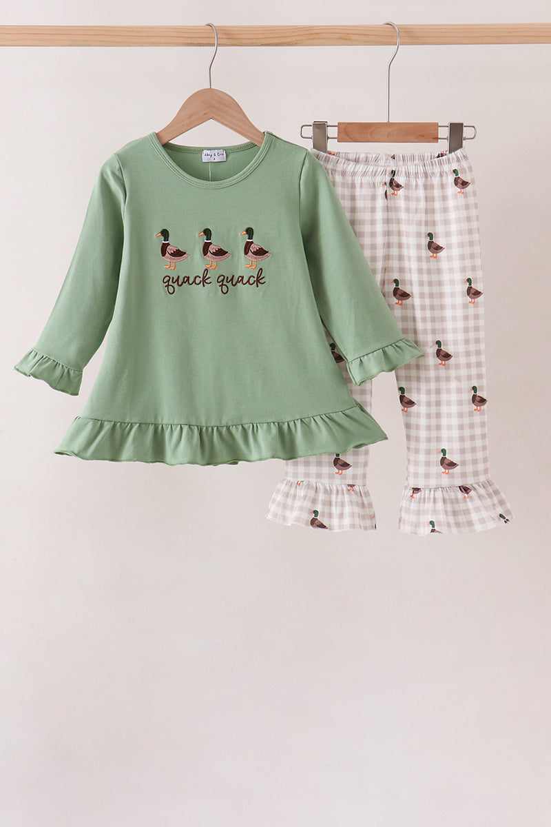 Green Duck guack guack Embroidery Ruffle Pants Set