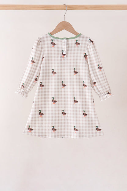 Green Duck Embroidery Gingham Dress