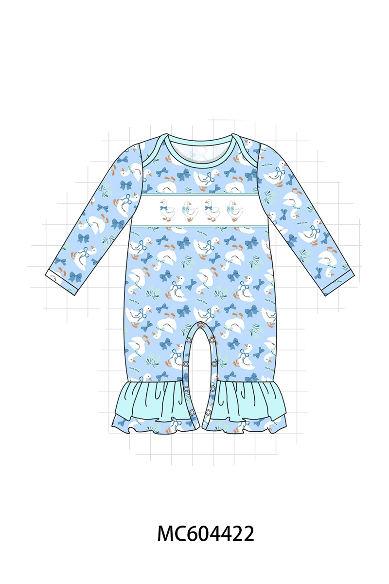 Blue goose bow embroidery ruffle romper