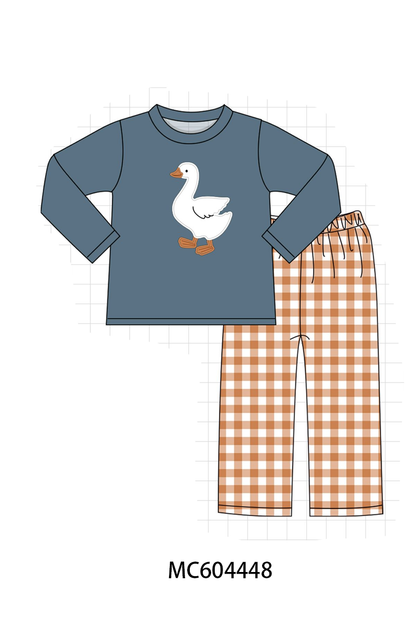 Navy goose applique gingham pants set