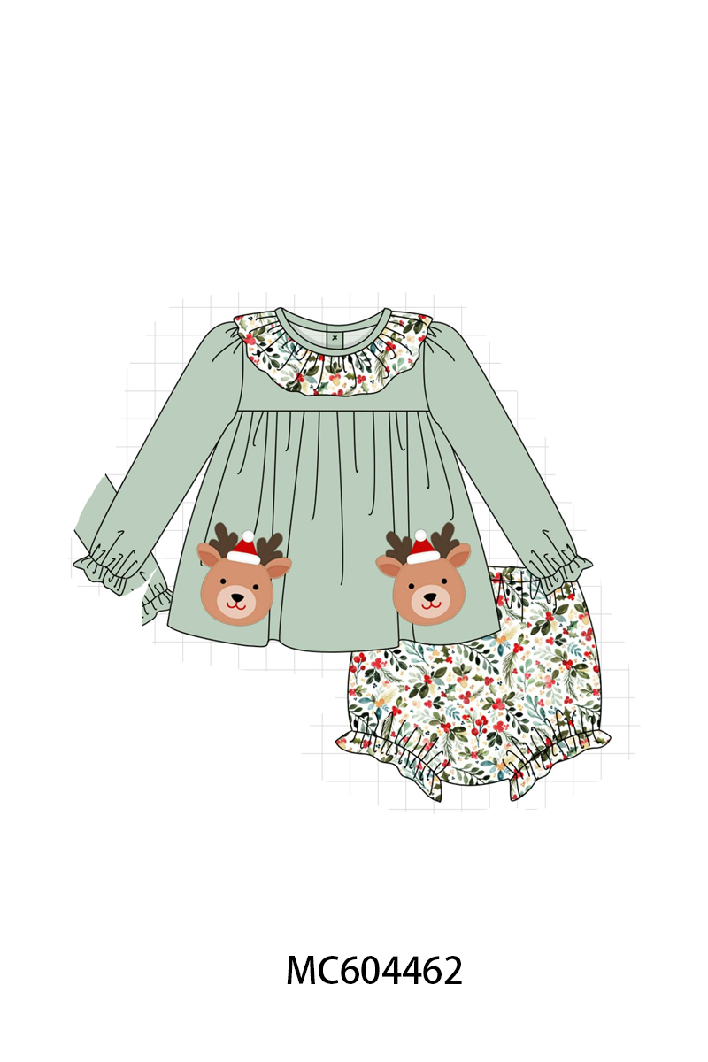 Sage Reindeer Applique Ruffle Bloomer Set