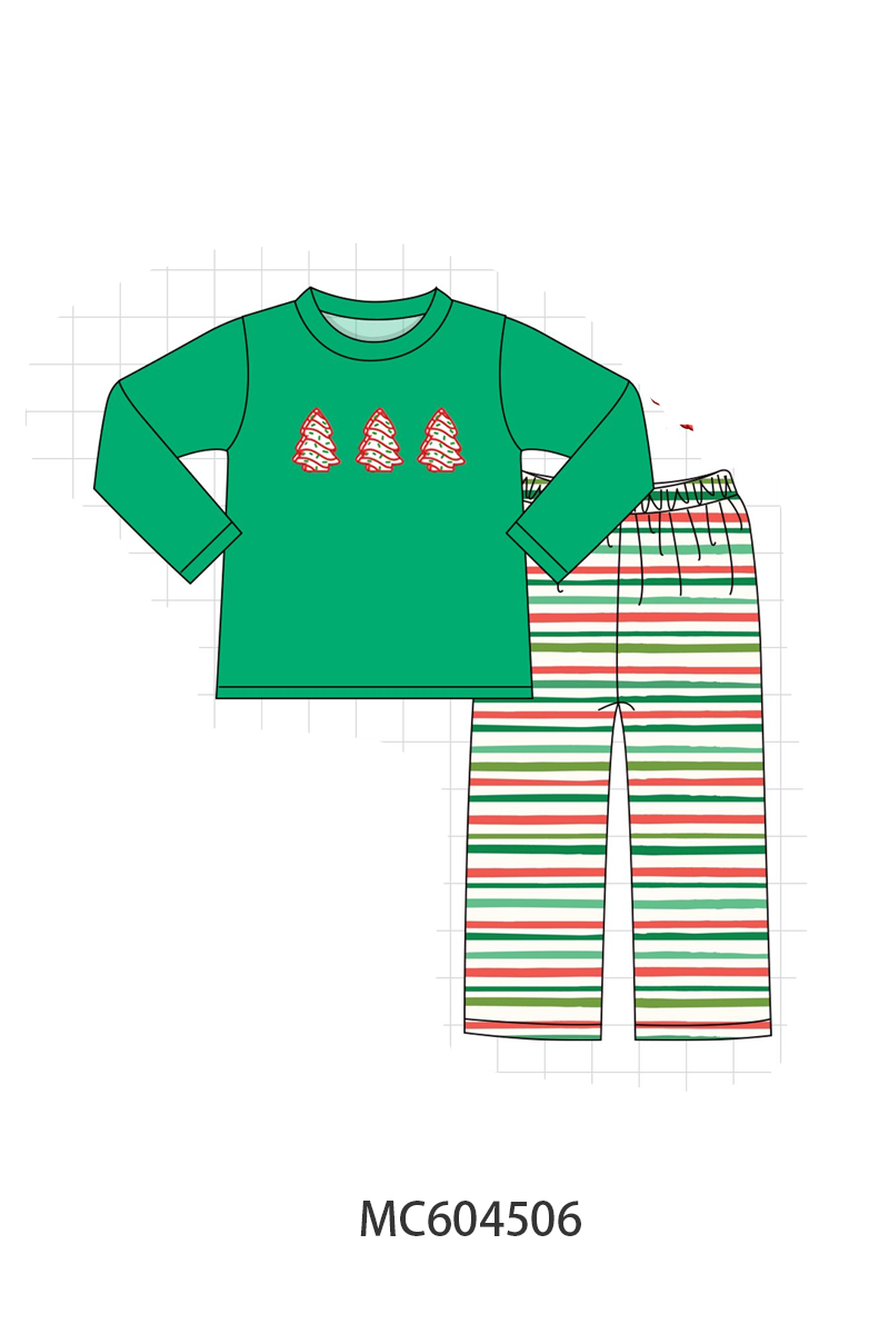 Green christmas tree applique stripe pants set