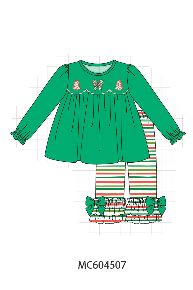 Green christmas tree applique stripe ruffle pants set
