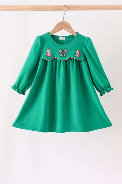 Green christmas tree bow applique dress