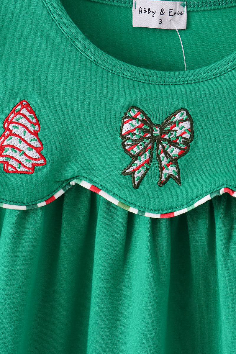 Green christmas tree bow applique dress