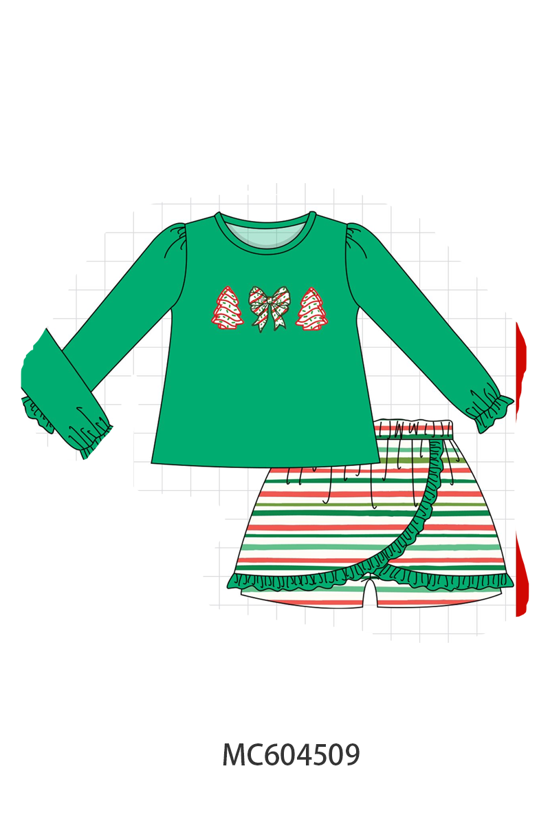 Green christmas tree bow applique skorts set