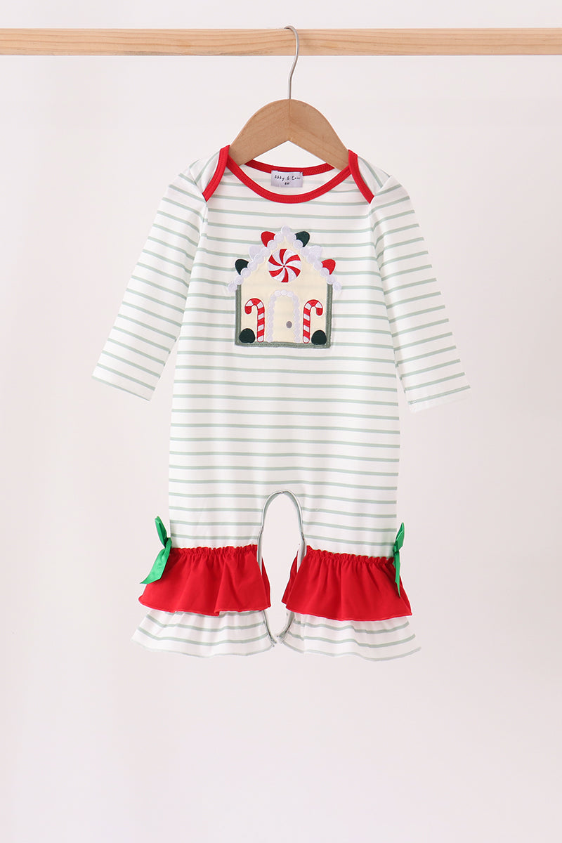 Red gingerbread house applique stripe ruffle romper