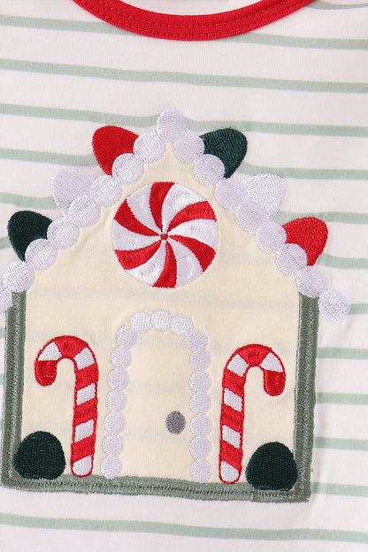 Red gingerbread house applique stripe ruffle romper