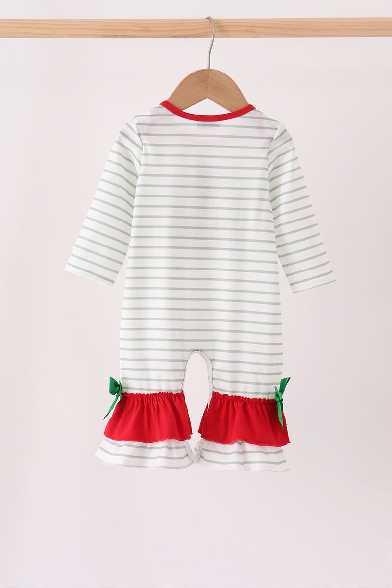 Red gingerbread house applique stripe ruffle romper