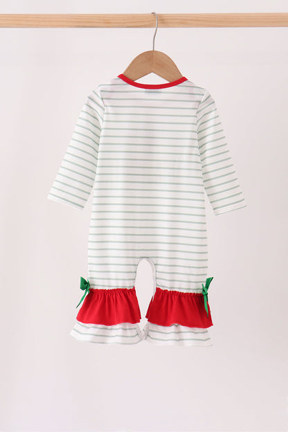 Red gingerbread house applique stripe ruffle romper
