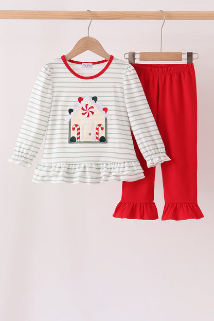 Red gingerbread house applique stripe ruffle pants set