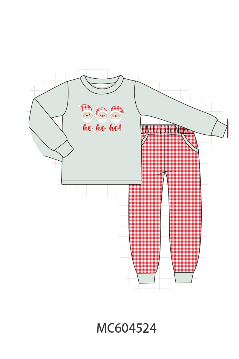 Sage santa applique gingham pants set