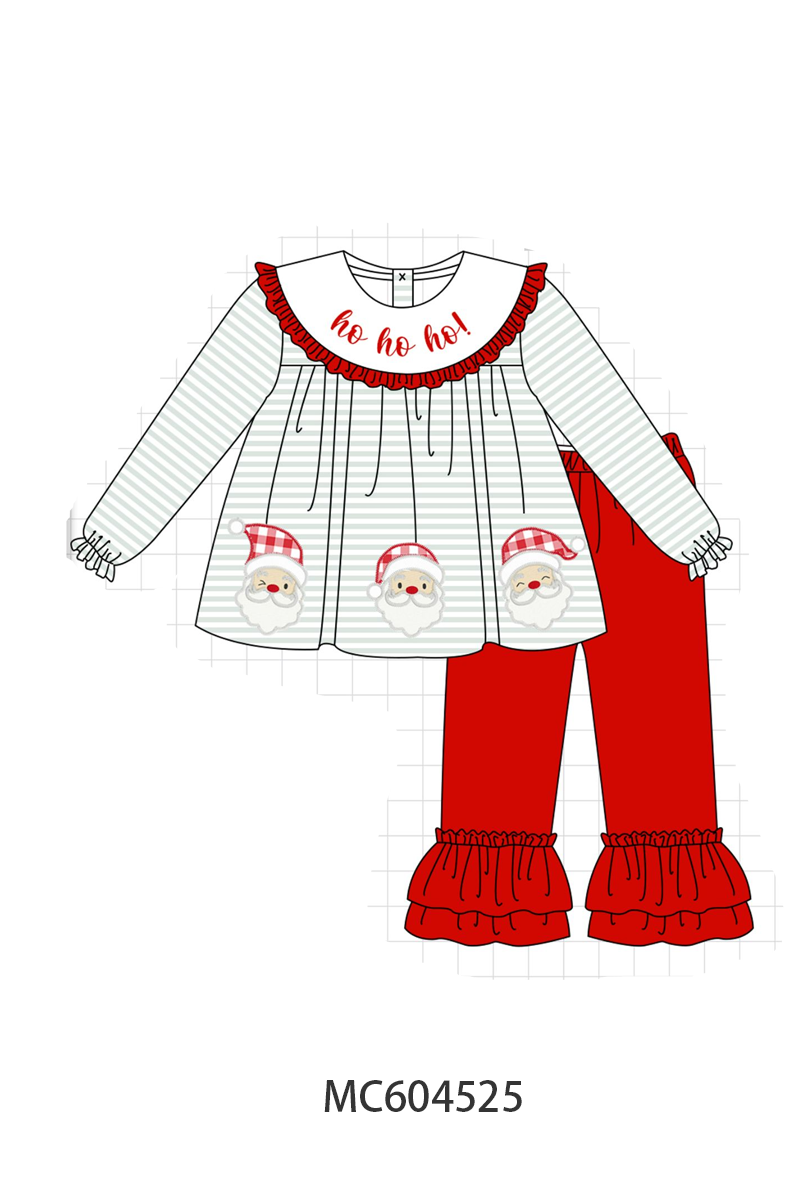 Sage santa applique gingham ruffle pants set
