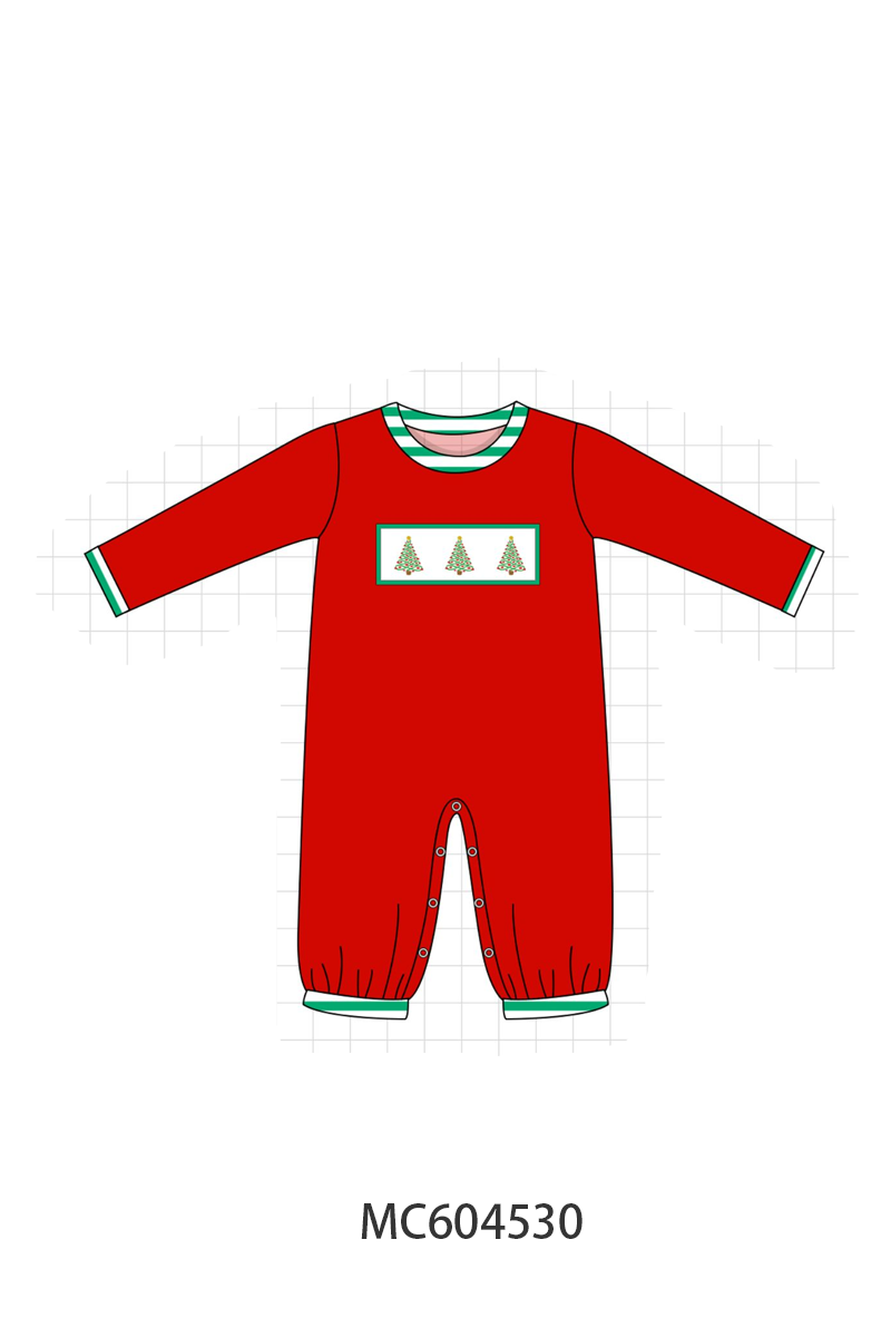 Red Christmas Tree Embroidery Romper