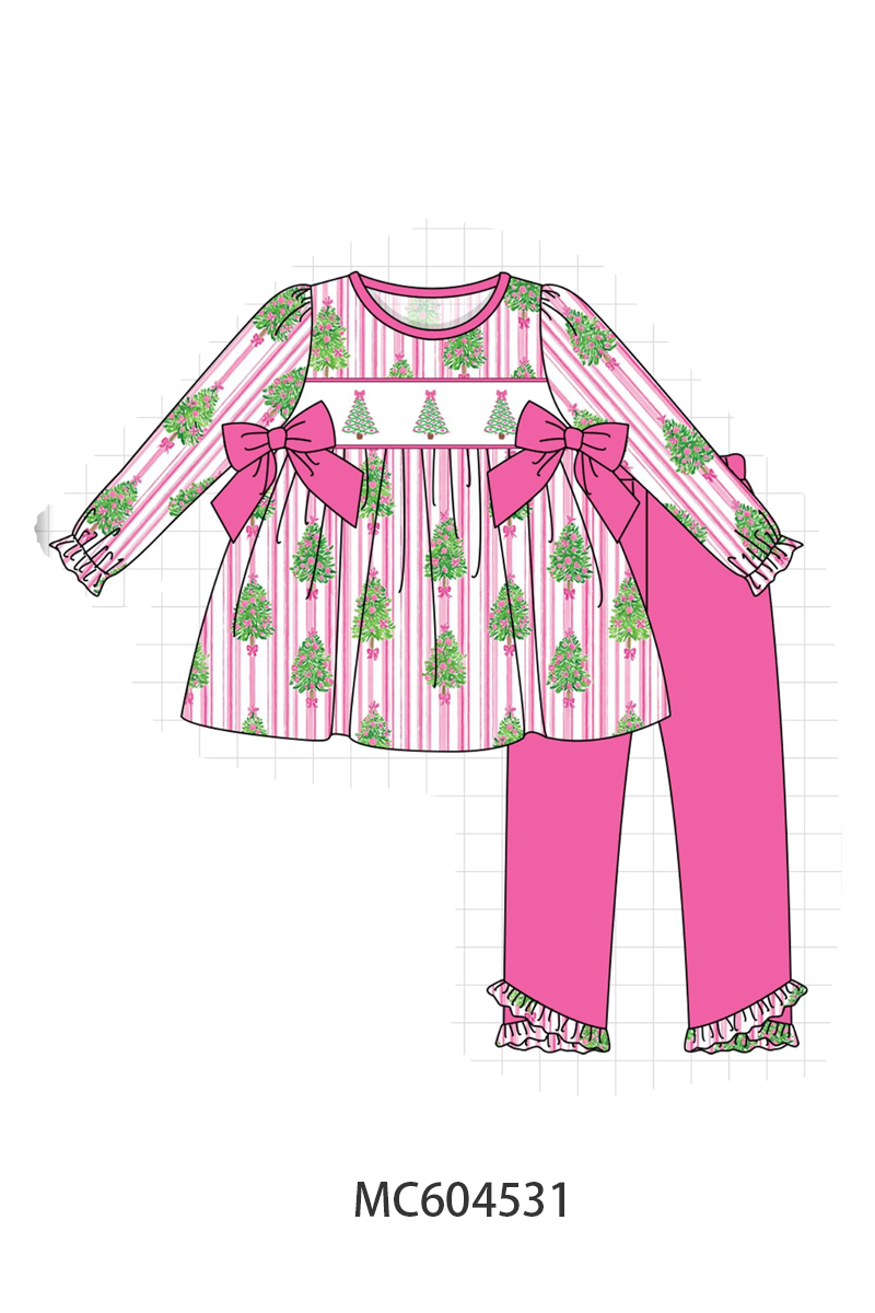 Pink Christmas Tree Embroidery Stripe Pants Set