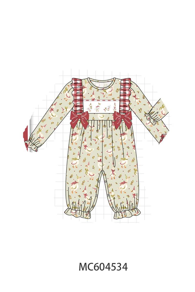 Goose embroidery ruffle bow romper