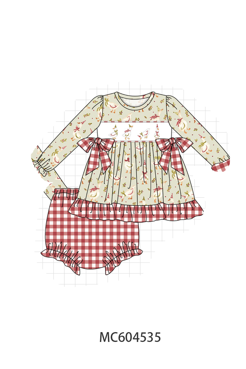 Goose embroidery ruffle gingham bloomer set