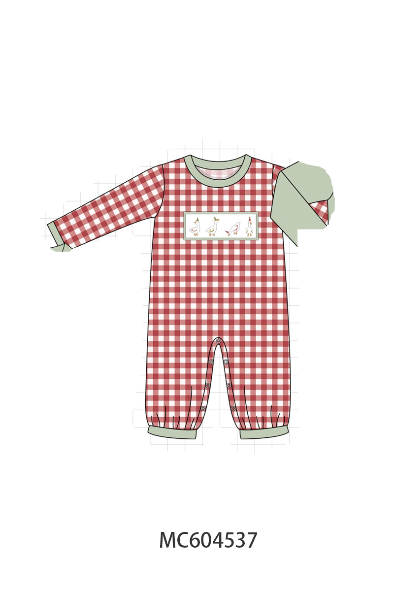 Red goose embroidery gingham romper