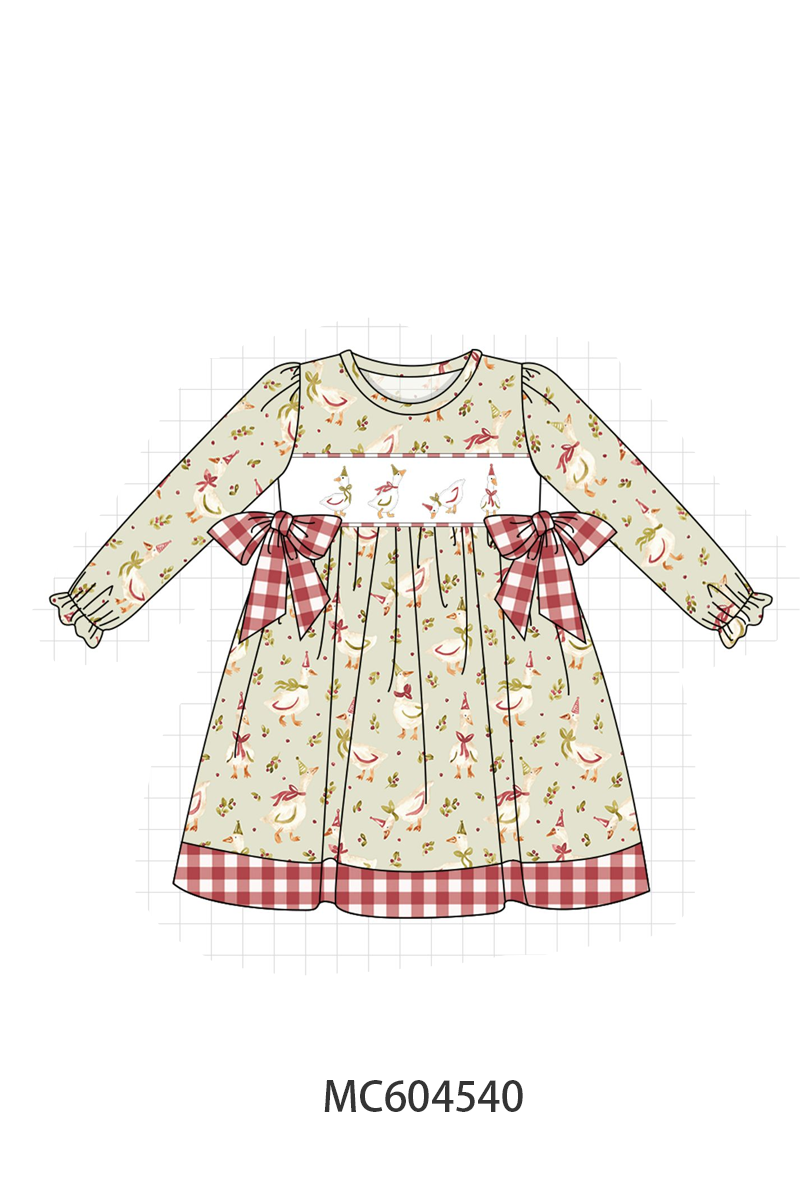 Goose embroidery ruffle gingham dress