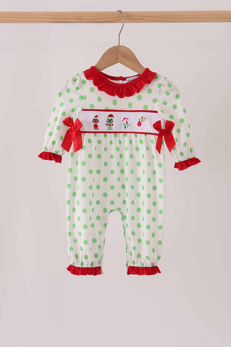 Green grinch embroidery ruffle dot romper