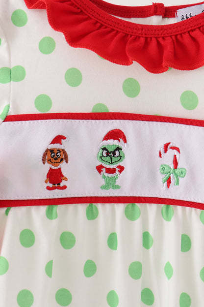 Green grinch embroidery ruffle dot romper