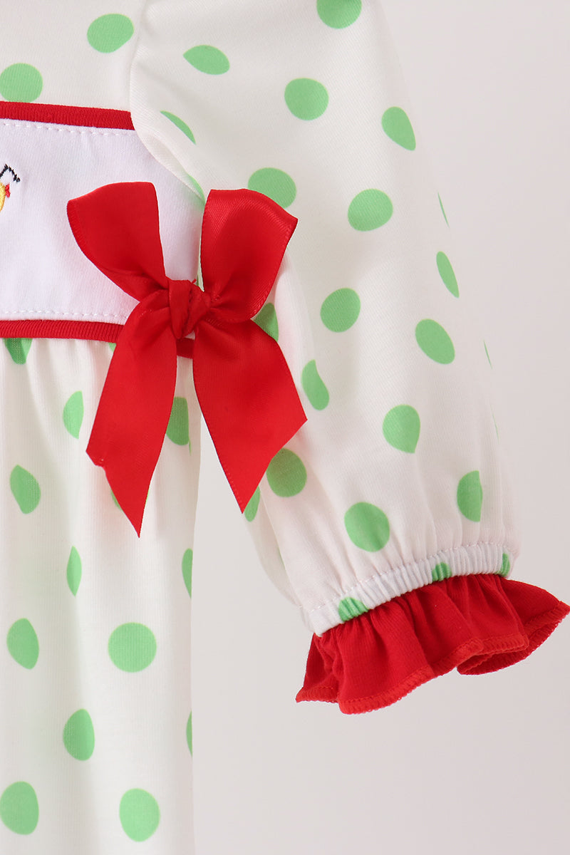 Green grinch embroidery ruffle dot romper