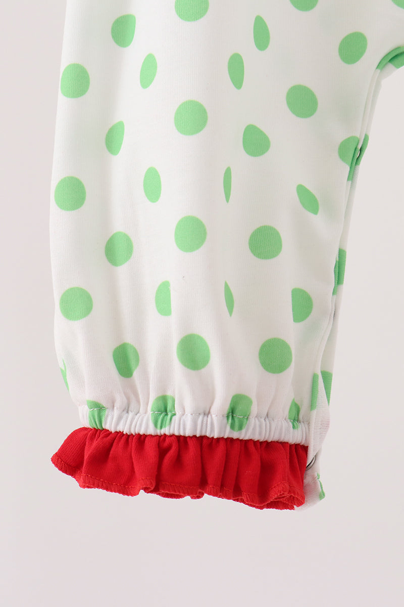 Green grinch embroidery ruffle dot romper