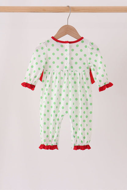 Green grinch embroidery ruffle dot romper
